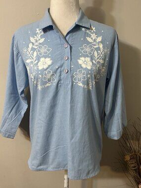 Vtg Unbranded Women Tunic Top Shirt Blue White Floral Print 3/4 Sleeves S Flaw